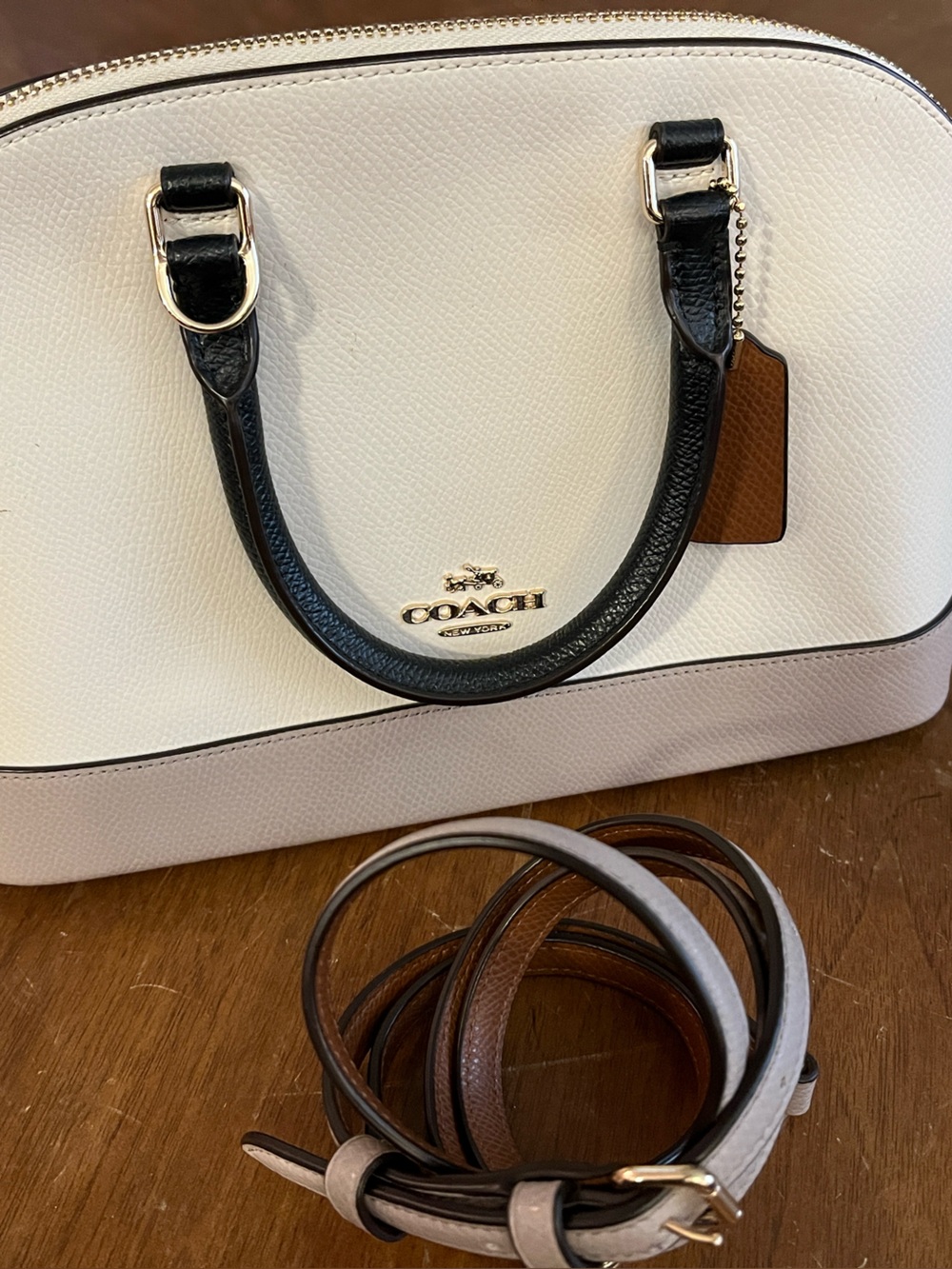 Coach Small Dome Crossbody Satchel in White with Black Trim and Tan Accents